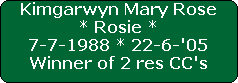 Kimgarwyn Mary Rose








* Rosie *








7-7-1988 * 22-6-'05








Winner of 2 res CC's